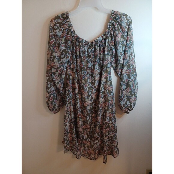 Lucca Floral Paisley Mini Dress M Green Balloon Sleeve Sheer Lined Boho Peasant - Picture 8 of 9